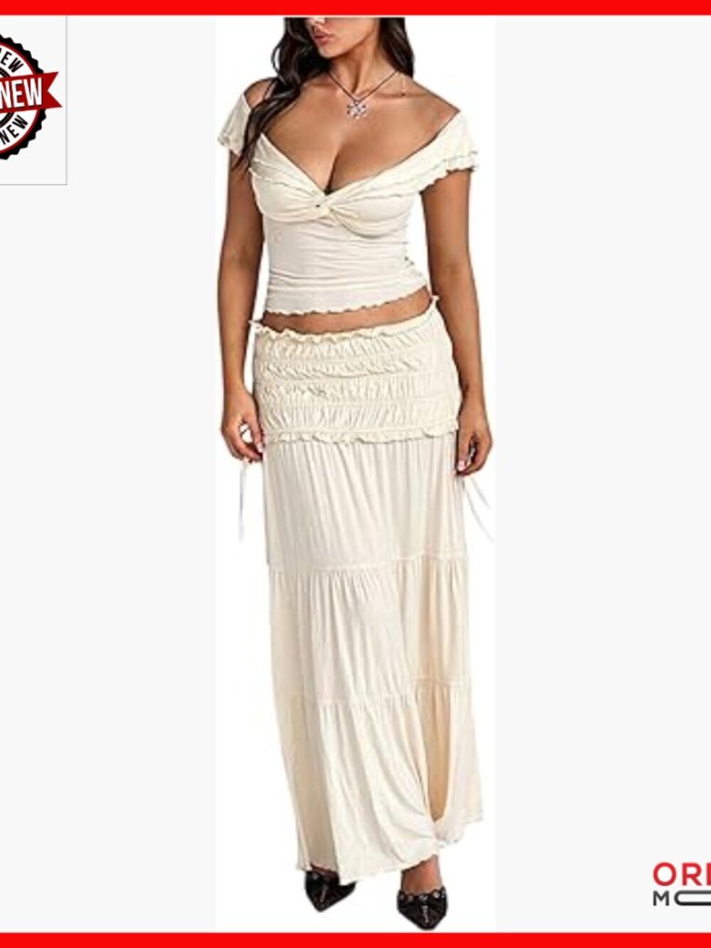 2 Piece Skirt Set Off Shoulder Crop Top Ruffle Maxi Skirt Summer Outfit
